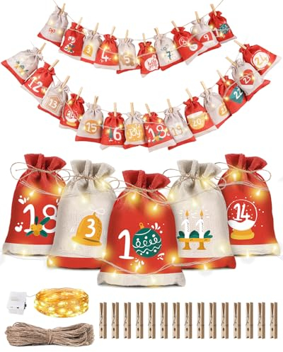 Adventskalender Tüten zum Befüllen Stoff Weihnachtskalender 2025: Bonus LED 24 Säckchen zum Befüllen DIY Adventskalender Selber Basteln Jutesäckchen Stoffsäckchen, Tüten Weihnachten Nikolaus Säckchen