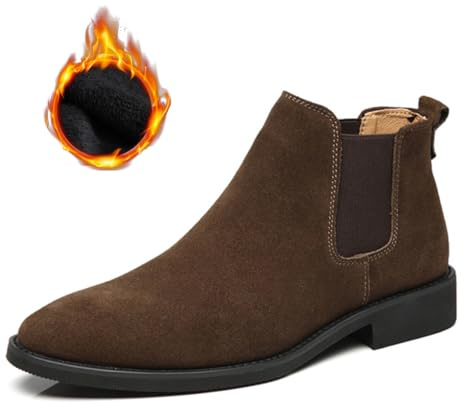 BXCZEDW Bottines Chelsea pour homme en cuir daim élastique à enfiler avec doublure peluche confortable et chaude Botte du désert en cuir de vache (3-Marron-Peluche, 45 EU)