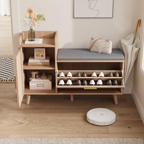 YGHQAP Panca Scarpiera con Contenitore, Scarpiera con seduta e 2 ante, Mobile Scarpieras Salvaspazio in Legno e Tessuto Effetto Lino per ingresso, corridoio, soggiorno, 100x30x69,5cm