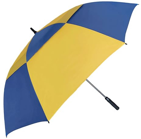 Doubwell Vented Golf Umbrella 54/62/68 Inch Automatic Extra Large Windproof Oversize Stick Rain Umbrellas For Man and Woman Can Shade For Golfer And Family (Royal Blue/Yellow, 62 Inch)