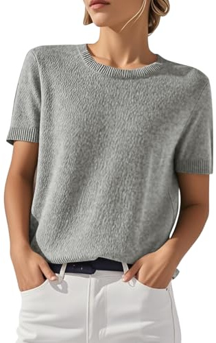 shownicer Femmes Pull Manches Courtes Printemps Été Sweatshirt Col Rond Top Tricot Couleur Unie Casual Pullover A Gris XS