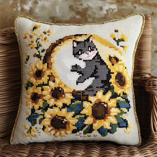 Scena notturna di luna Kit di Ganci a Chiusura per Cuscino,Girasole e gatto,DIY Cuscini Artigianali Kit Ricamare Cuscini Federa per Cuscino per Divano per Adulti,43x43cm