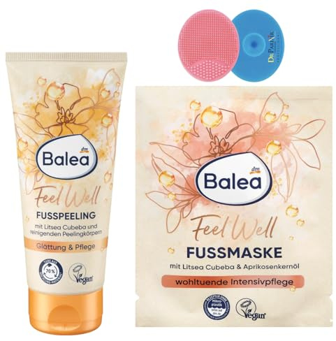 Balea uppsättning av 2 – fotpeeling känsla väl Litsea Cubeba, 100 ml fotmask Feel Well Litsea Cubeba & aprikoskärnolja, 15 ml bonus 1 x silikonsvamp