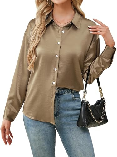 Stamain Silk Shirt for Women UK Women's Satin Long Sleeve Dress Shirt Casual Button Down Work Office Business Blouse Top Champagne 4XL