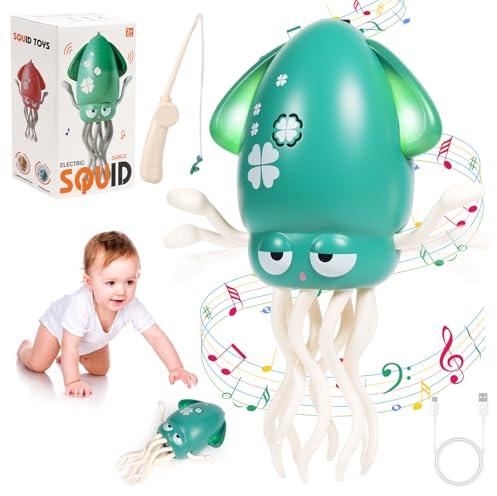 JoiTale Dancing Squid Baby Toy, Rechargeable Crawling Octopus Toy with LED Light ＆ Music, Funny Electric Baby Sensory Toys With Fishing Rod, Dancing Octopus Tummy Time Toys for 0-6 Year Olds Toddler