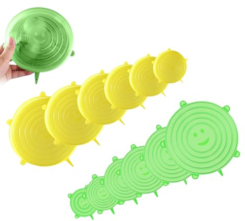 12PCS Silicone Stretch Lids,6 Different Sizes Reusable Silicone Lid Food Covers,Fruit Bowl Cover Yoghurt Pot Microwave Lids,Stretch Covers for Fresh Food Storage (Green+Yellow)