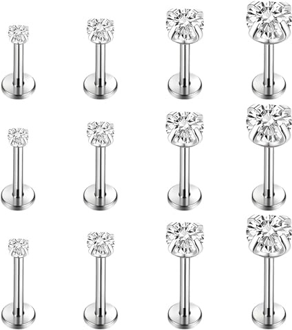 12Pcs Silver Tragus Piercing Jewellery, Lip Piercing Jewellery, Tiny Nose Stud, Tragus Earrings Helix Piercing Jewellerys 6MM 8MM 10MM Suitable for Helix Earring and Cartilage Piercing​