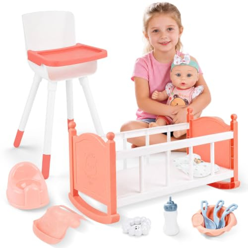 deAO 14Pcs Kit Accessoire Bébé Poupée avec 30cm Poupée Interactive Rose