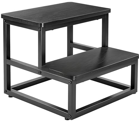 ROTTOGOON Step Stool 2 Steps for Adults Children, Non-Slip, up 200kg, Black | Wooden Metal, Waterproof, Heavy Duty, Rounded Corner Design, for Kitchen, Bathroom, Bedroom, Caravan, Garden, Easy to Clean