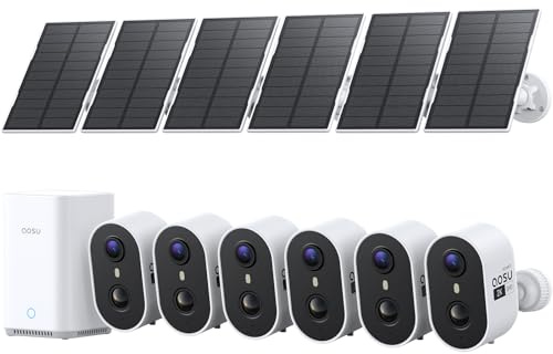 aosu 2K Camera Extérieure sans Fil Solaire, PIR/IA Détection, 32 Go Local | Sans Abonnement Requis, Kit 6 Caméras avec aosuBase 2.0 Extensible 1 To, Alarme Son Lumière, Vision Nocturne Couleur
