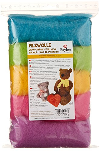 Rayher Hobby 53657000 Reine Schurwolle, Vlies, 5 Farben à 20 g, Sommermix, easy going, Gold