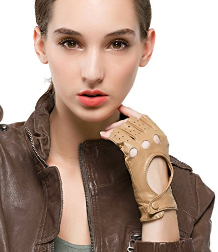 Nappaglo Gant Femme en Cuir Demi Doigt Hiver Mitaine Gant de Conduite sans Doigt en Cuir de chevreau Gant de Sport Extérieur pour Fille cadeau
