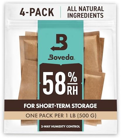 Boveda zur Aufbewahrung von Kräutern | 2-Wege-Feuchtigkeitsregulierung mit 58% relativer Feuchtigkeit | Größe 67 schützt bis zu 450 g Blüten | verhindert den Verlust von Terpenen | 4 Stück