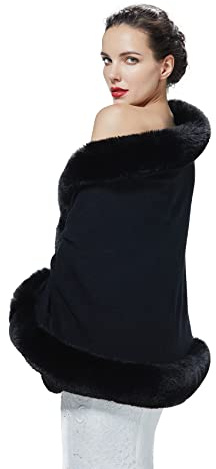 BEAUTELICATE Donna Poncho Mantella Maglia Invernale Stola Scialle in Pelliccia Sintetica Coprispalle Bolero Elegante per Sposa Matrimonio Festa,Nero