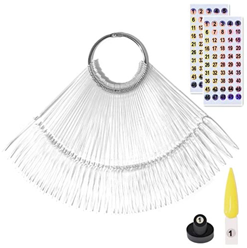 Lot de 50 Bâtonnets Nuancier Ongles avec Chiffres Autocollants Stiletto Tips Presentoir Ongles Bâtons Transparent avec Anneau Entrainement Capsule Ongle Accessoire Ongle pour Onglerie
