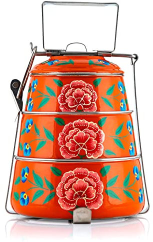 Tiffin pyramide à 3 étages peinte à la main – Peint avec amour par des artisans Kashmiri (orange)