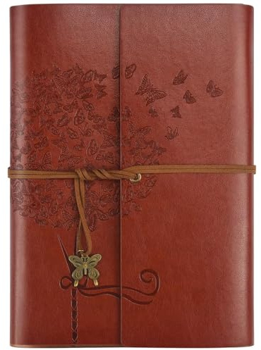 OMEYA Läderjournal anteckningsbok, resedagböcker för kvinnor, påfyllningsbar fjäril anteckningsbok fodrad personlig dagbok skrift anteckningsbok gåvor A5 16,5 x 23,4 cm (rödbrun)