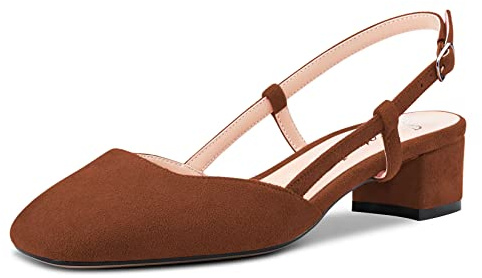 Saekcted Femmes Bloc Chunky Bas Kitten Talon Heel Carré Bout Slingback Escarpins Mariage Bureau Dress 3.5 CM Heels Marron 39 EU