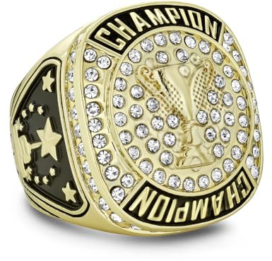 Express Medals Champion Gold First Place Trophy Cup Ring Award Gift Fantasy Prize with Display Neck Chain and Stand Championship Rings