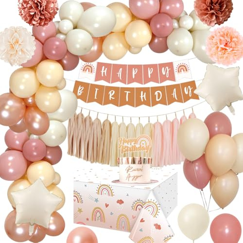 Decoracion Cumpleaños Boho, Rosa Retrò Globos Cumpleaños con Happy Birthday Pancarta, Manteles, Globo Estrella, Beige Rosa Guirnalda de Globos, Decoracion de Fiesta para Niñas, Mujer, Baby Shower