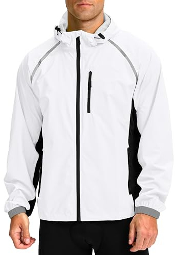 Bikewa Men's Cycling Rain Jackets Waterproof Running Bike Windbreaker Hooded Reflective Biking Windproof Bicycle Riding(White/Black,XL)