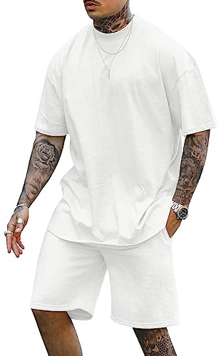Cooleep Uomo T-Shirt e Pantaloncini Set Tuta Completa Estiva con Maglietta Manica Corta & Shorts Bianco XL