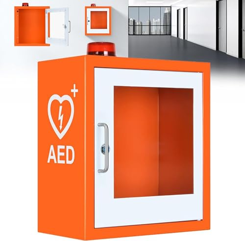 Wall Mounted AED Defibrillator Cabinet, Metal AED Defibrillator Storage Cabinet with Alarm Light, AED Defibrillator Cabinet with Anti-Theft Device and Keys for Home and Office
