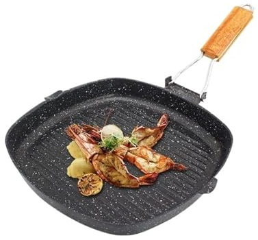 ZINXY Non-Stick Steak Frying Pan with Folding Wooden Handle Portable Camping Square Grill Pans Saucepan Cooking Pots Kitchenware (Size : 28x28cm)