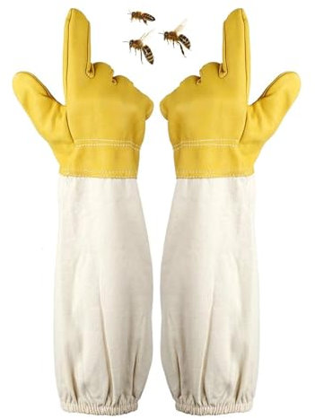 AORHOFJ 1 Paar Imkerhandschuhe aus Ziegenleder, langärmelige Imkerschutzhandschuhe aus Segeltuch, Gartenarbeitshandschuhe, Imkerausrüstung kompatibel mit Bienenschutzkleidung (gelb)