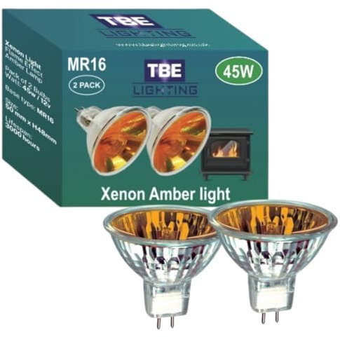 TBE LIGHTING Replacement Optimyst Amber Glow 45W 12V MR16 Lamps, Pack of 2 Energy efficient Long Life Xenon Bulbs Creating a Flame Amber Effect Suitable for Standard Dimplex Opti-Myst Fireplaces.