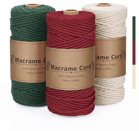 PUWOWYE 3 hilos de macramé de 3 mm, juego de hilo de macramé rojo, verde y beige, hilo de algodón de macramé de 3 mm natural para Navidad, manualidades, manualidades, día de Navidad, 3 x 100 m