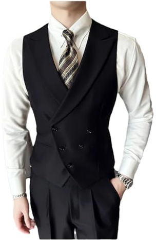 Gilet de costume à double boutonnage pour homme Coupe ajustée Noir M, Noir , M