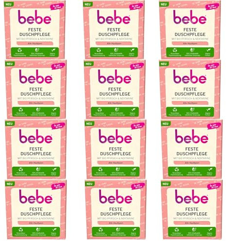 12x Bebe Feste Duschpflege (80 g), seifenfreies & festes Duschgel für alle Hauttypen, feste Dusche mit Bio Pfirsich & Nektarine