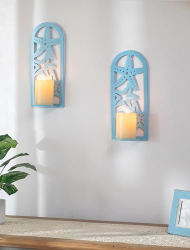 Sziqiqi Wall Candle Holders for Pillar: Wall Mounted Candle Sconces Blue for Coastal Decor - Metal Starfish Beach Ornaments Set of 2 for Bathroom Bedroom Living Room Dining Kitchen Fireplace