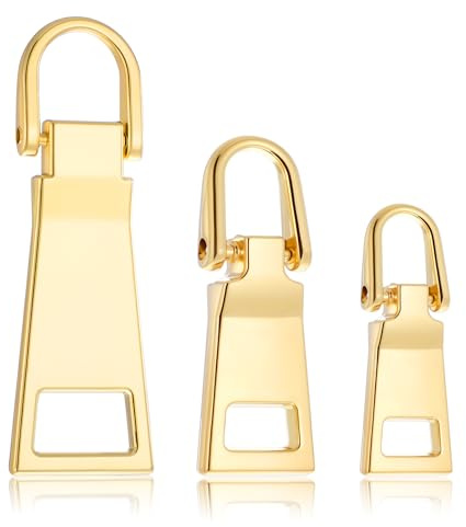 3 Sizes Gold Zipper Pull Replacement Metal Backpack Zipper Mend Fixer Repair Fasteners Luggage Zippers Pull Extension for Coats Jackets Handbags Pants Sewing Notions and Supplies Charms