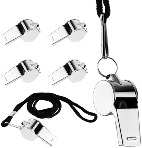 ElevateTech Stainless Steel Whistle, 6 Pcs Sports Whistle with Lanyard Loud Crisp Sound Whistles for Coaches Referees Emergency Lifeguards Outdoor Sports Soccer Basketball Activities, Silver