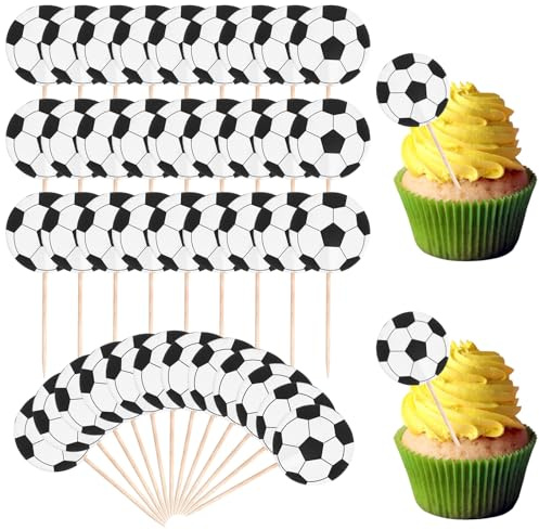 48 adornos para cupcakes de balón de fútbol, decoración de tartas de fútbol con temática deportiva para magdalenas de fútbol, suministros de fiesta de cumpleaños