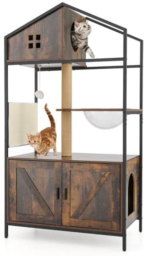 SOARS Rascador para gatos alto 80 x 48 x 150 cm, mueble arenero para gatos de madera y metal con cápsula espacial y rascador, árbol para gatos multiusos con poste de yute para salón