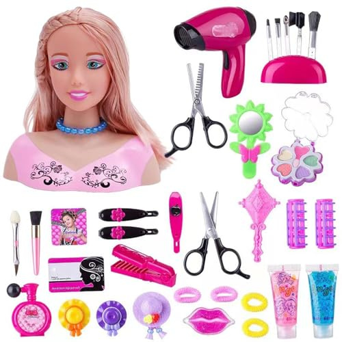 35 cabezas de peluquería y maquillaje juego de juguetes,Barbie cabeza de muñeca pelo rubio, juguete para niña de 1 a 9 años, muñeca Styling Head Hairdressing regalos de Navidad y cumpleaños para niñas