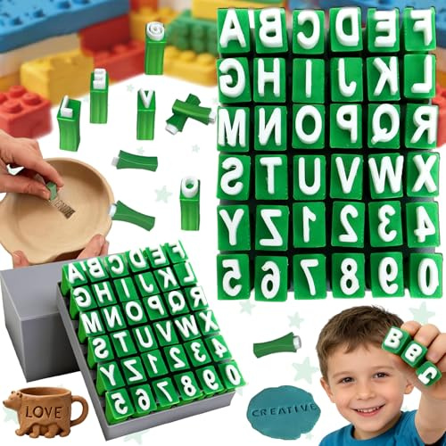 Liekadijiae 36 Piezas Juego de Sellos de Alfabeto para Cerámica con Estuche, Sellos de Letras Reutilizables Incluyendo Mayúsculas e Impresiones Numéricas Herramientas para Principiantes de Cerámica