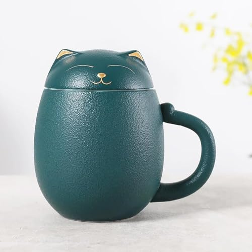 Bonita taza de té de gato con infusor y tapa, taza de té de cerámica con filtro para remojar té de hojas sueltas, tazas de té de porcelana con asa adecuada para el hogar y la oficina, ideal para los