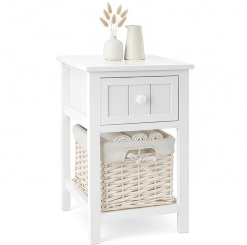 GREENSAPPIRE 1 PCS White Bedside Table with Drawer & Wicker Basket White | Shabby Chic Bedside Table – Compact Wooden Nightstand Storage Cabinet for Bedroom, Bathroom or Living Room (1 PCS)