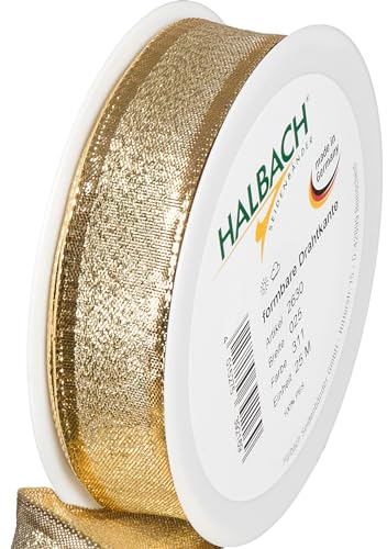 Halbach sidenband presentband guld – tillverkad i Tyskland – med formbara trådkanter | 25 mm x 25 m | ädelt gyllene band för bröllop eller jul