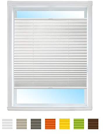 Plissee NACH MAß mit Klemmfix Rollo Jalousie, Easyfix klemmträger ohne Bohren verspannt/Faltrollo für Fenster/Farbe & Größe wählbar (Weiß, Breite: 35-40cm, Höhe: 111-130cm)