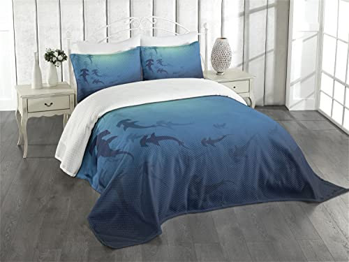 ABAKUHAUS Meerestiere Tagesdecke Set, Hammerhai, Set mit Kissenbezügen Waschbar, für Doppelbetten 220 x 220 cm, Marineblau