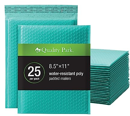Quality Park Bubble Mailers, 8.5 x 11 Shipping Envelopes, Water Resistant Teal Poly Padded Envelopes, Redi-Strip Peel Off Closure, 25 Per Box (QUA85860)