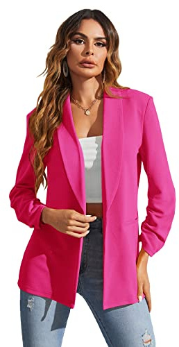 WDIRARA Women's Long Sleeve Open Front Blazer Casual Work Office Jacket Pink L