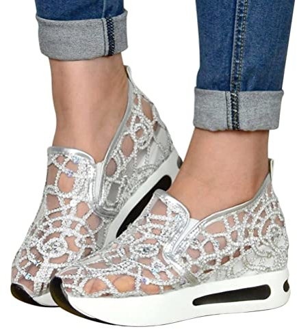 Minetom Sneaker Damen Pailletten Keilabsatz Schuhe Atmungsaktive Ausgeschnittene Spitze Stoffschuhe Frauen Laufschuhe Sommer Outdoor Slip On Walkingschuhe Glitzer Loafers A Silber 40 EU