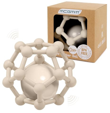 MCGMITT Mordedor bebé sonajero, Mordedor de Mascar para Bebé, Pelota Sensorial Bebe Agarre Luz y Suave Juguetes para 0-12 Meses sin BPA, Regalos para Recién Nacidos,10CM (Beige)