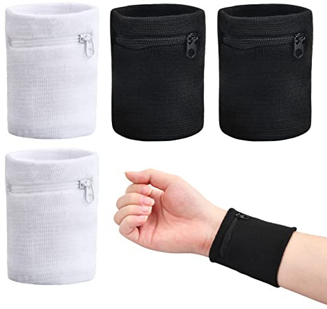 Laughhe Schweißbänder Handgelenk Schweißband für Männer Frauen 4 Stück, Handgelenktasche mit Reißverschlusstasche Münze Schlüssel Lagerung, für Jogging, Walking, Basketball Laufen Sport